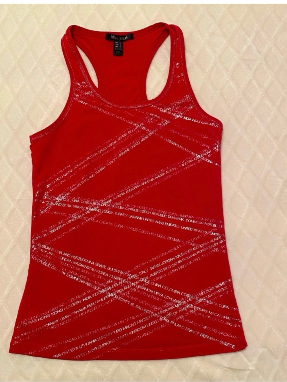 MNG Mango Red Racerback Tank with Silver Script Accents